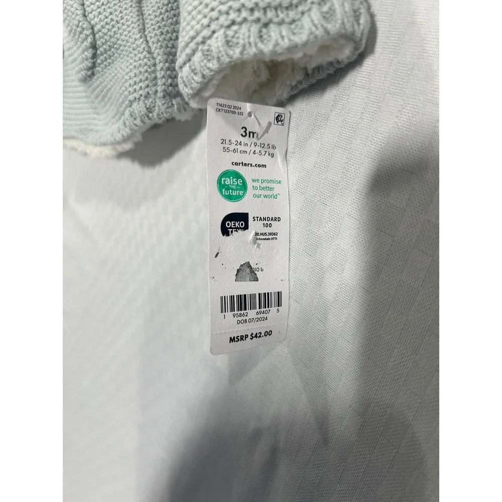 Carters Baby Boy Blue Sherpa Lined Knit Hooded Cardigan Sweater Bear Ears 3M